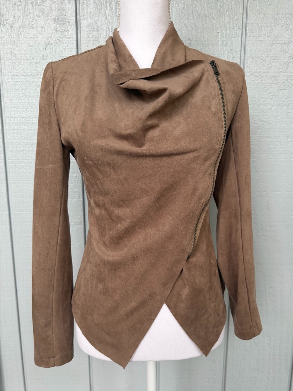 Vigoss Taupe Asymmetric Faux Suede Jacket
